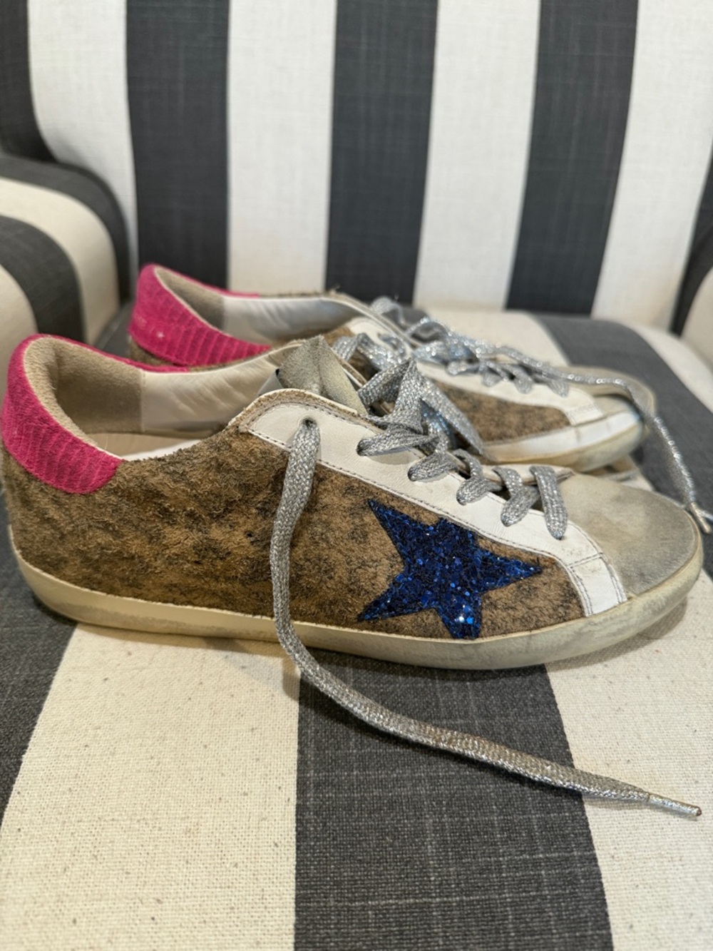 Golden Goose Brown Felt Sneakers with Blue Star and Pink Heel